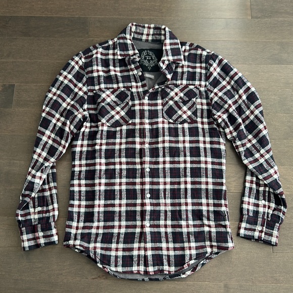 BRODY Men's Button Up Long Sleeve Collar Shirt, Pearl Snap, Navy Burgundy - Picture 3 of 13